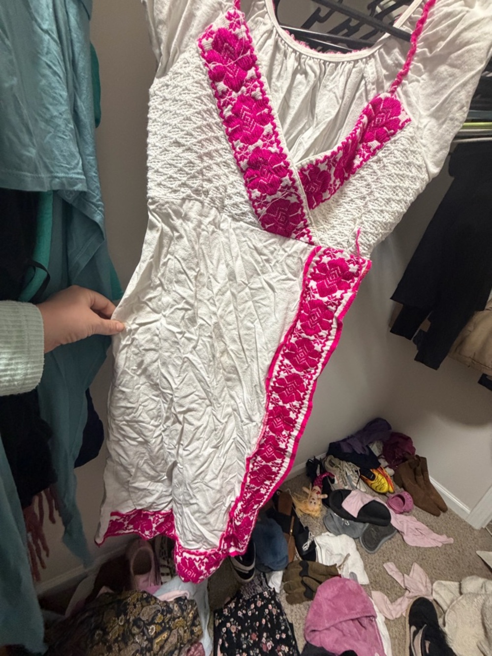 Made in Mexico White Dress with Hot Pink Embroidered Trim